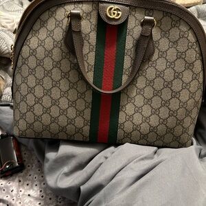 Gucci Beige Monogram Satchel with Green & Red Web Stripe